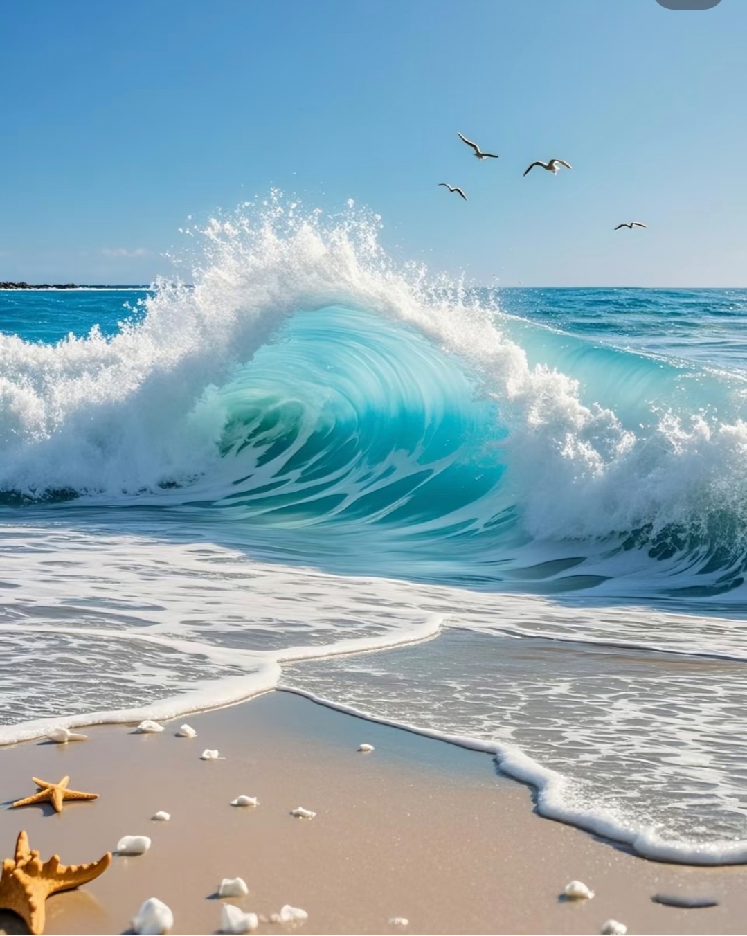 蓝白交织的浪花翻涌,似天空倾泻的温柔,在沙滩上书写着永恒的浪漫