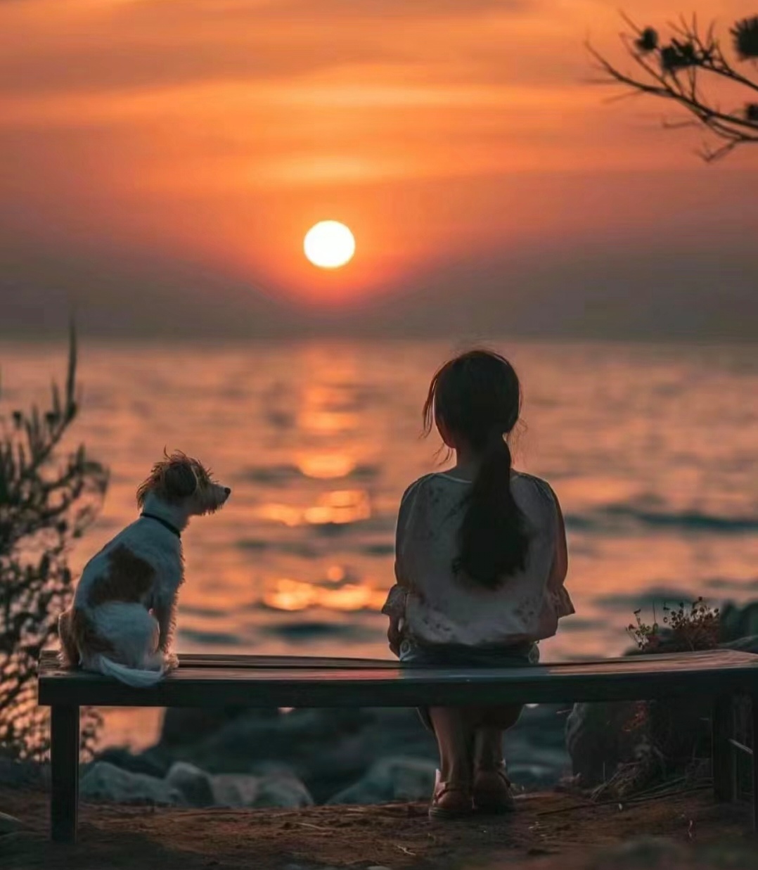 《夕阳下的温情陪伴:女孩与狗的静谧时光》