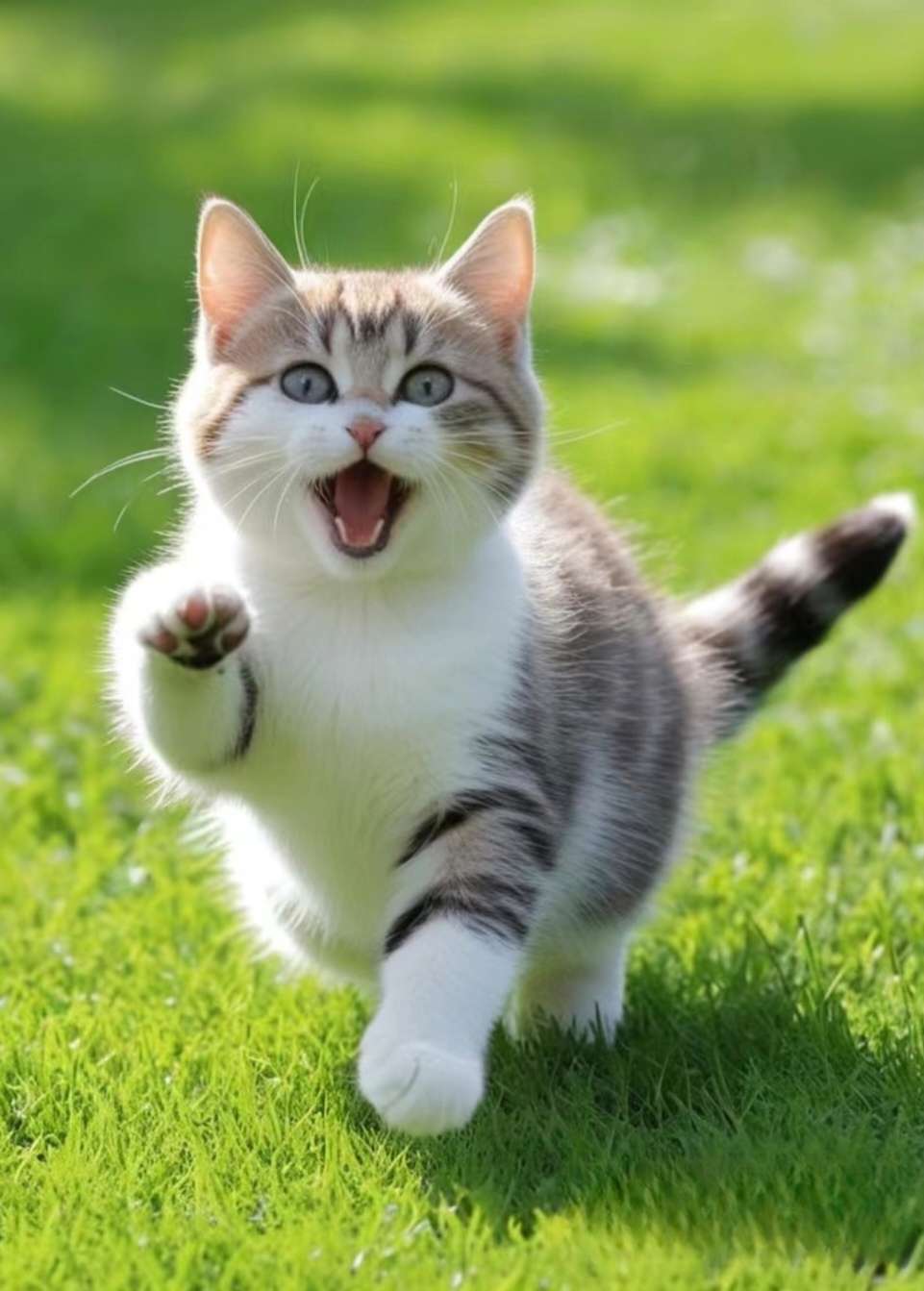 猫咪在草地上欢快的跑着,追着自己的影子,也在草地上滚来滚去,这无忧