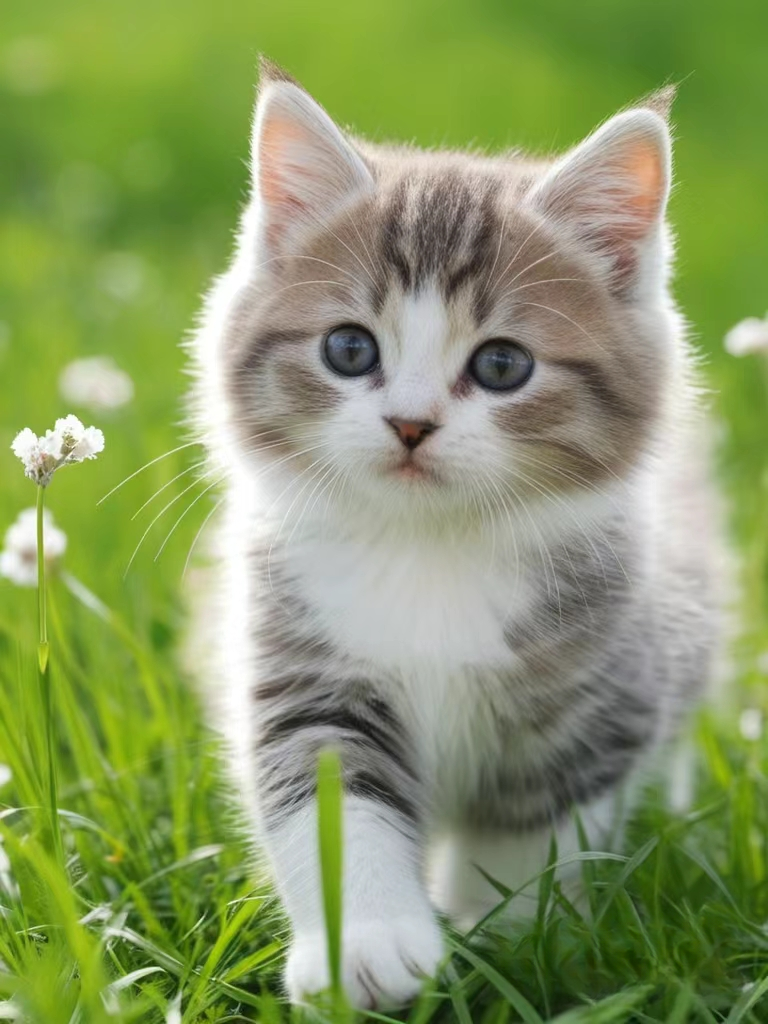 猫咪在草地上欢快的跑着,追着自己的影子,也在草地上滚来滚去,这无忧