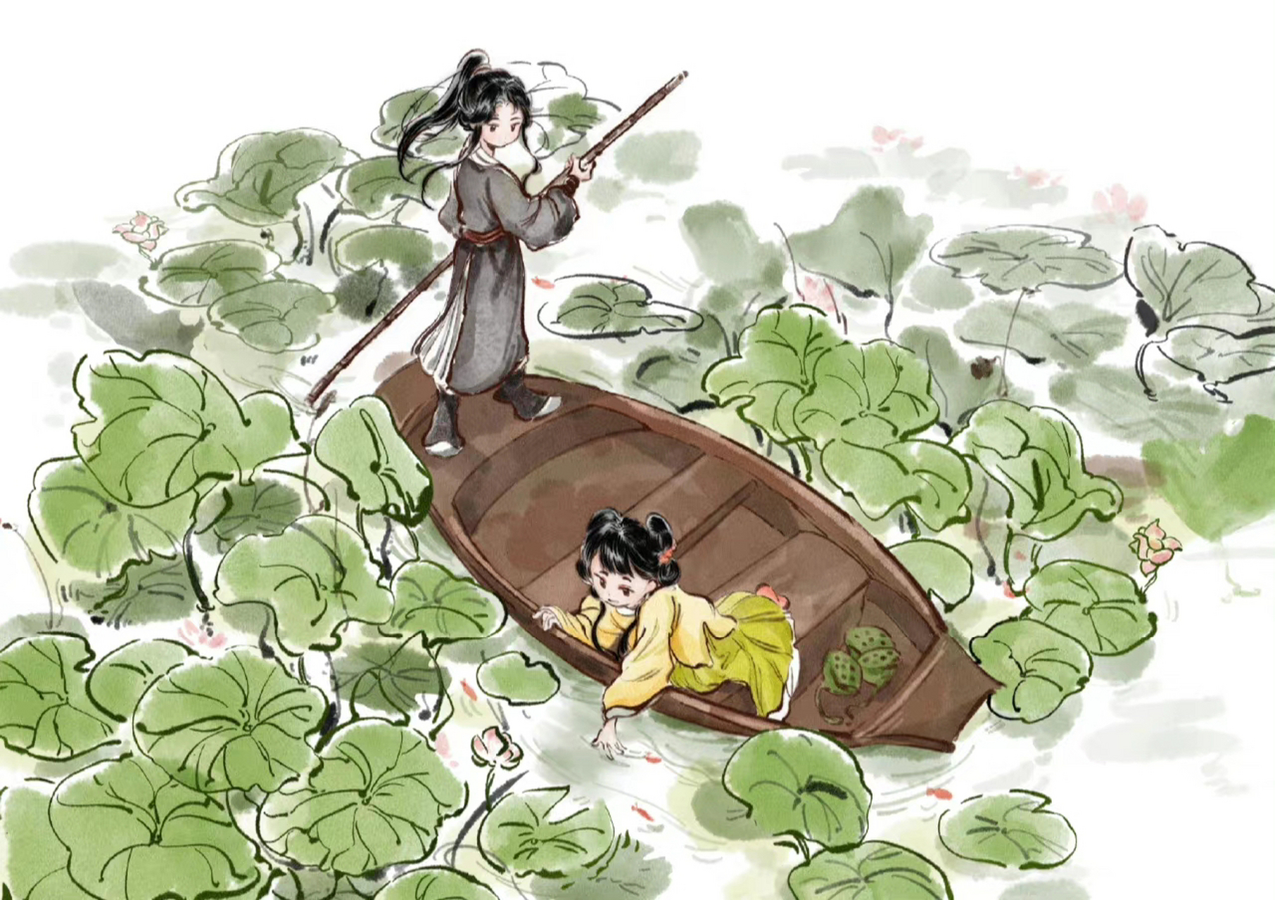 青梅竹马−古风插画壁纸 和羞走,倚门回首, 却把青梅嗅. 宋.