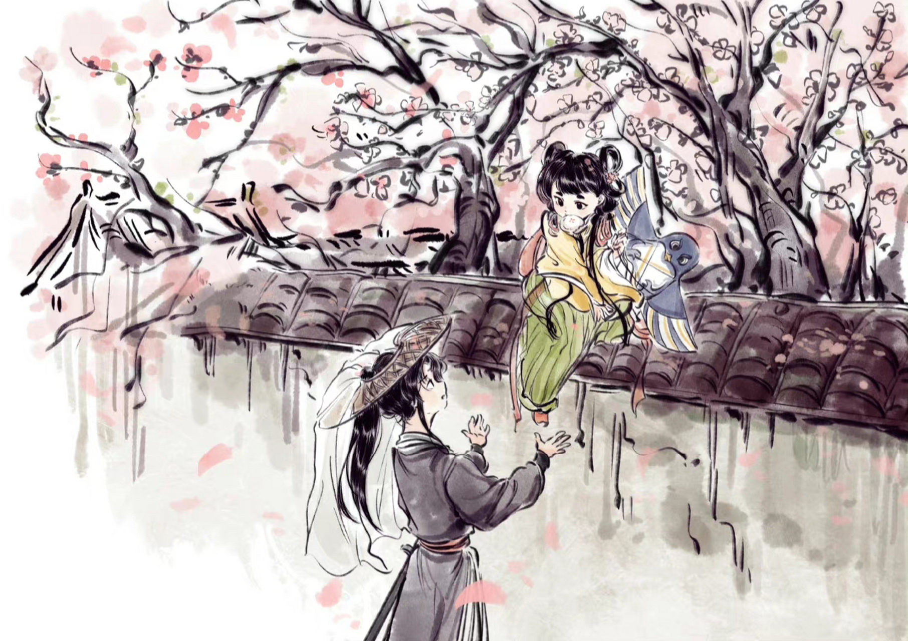 青梅竹马−古风插画壁纸 和羞走,倚门回首, 却把青梅嗅. 宋.