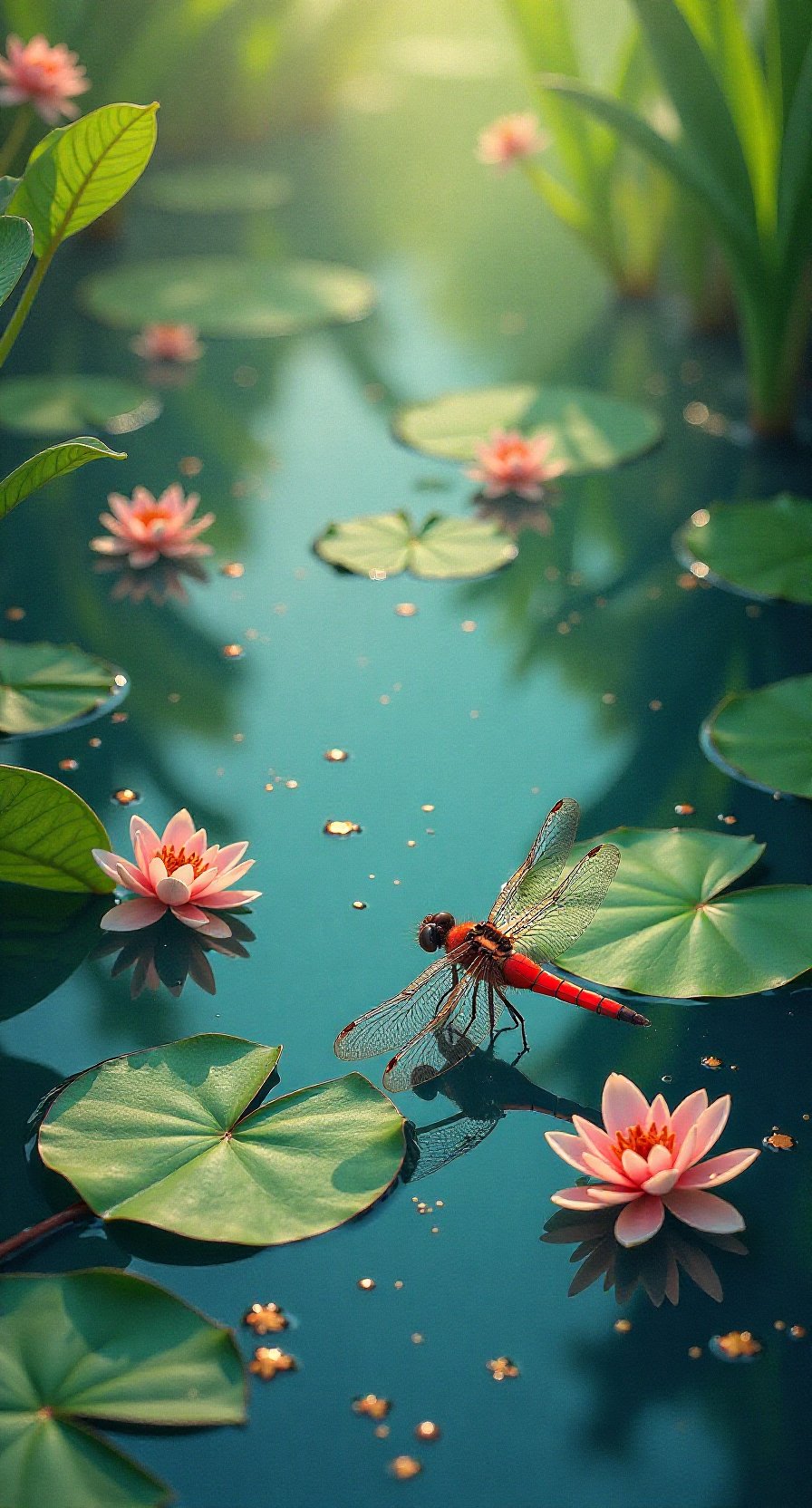 夏日的池塘边,蜻蜓轻舞落莲上,画面美得像幅画