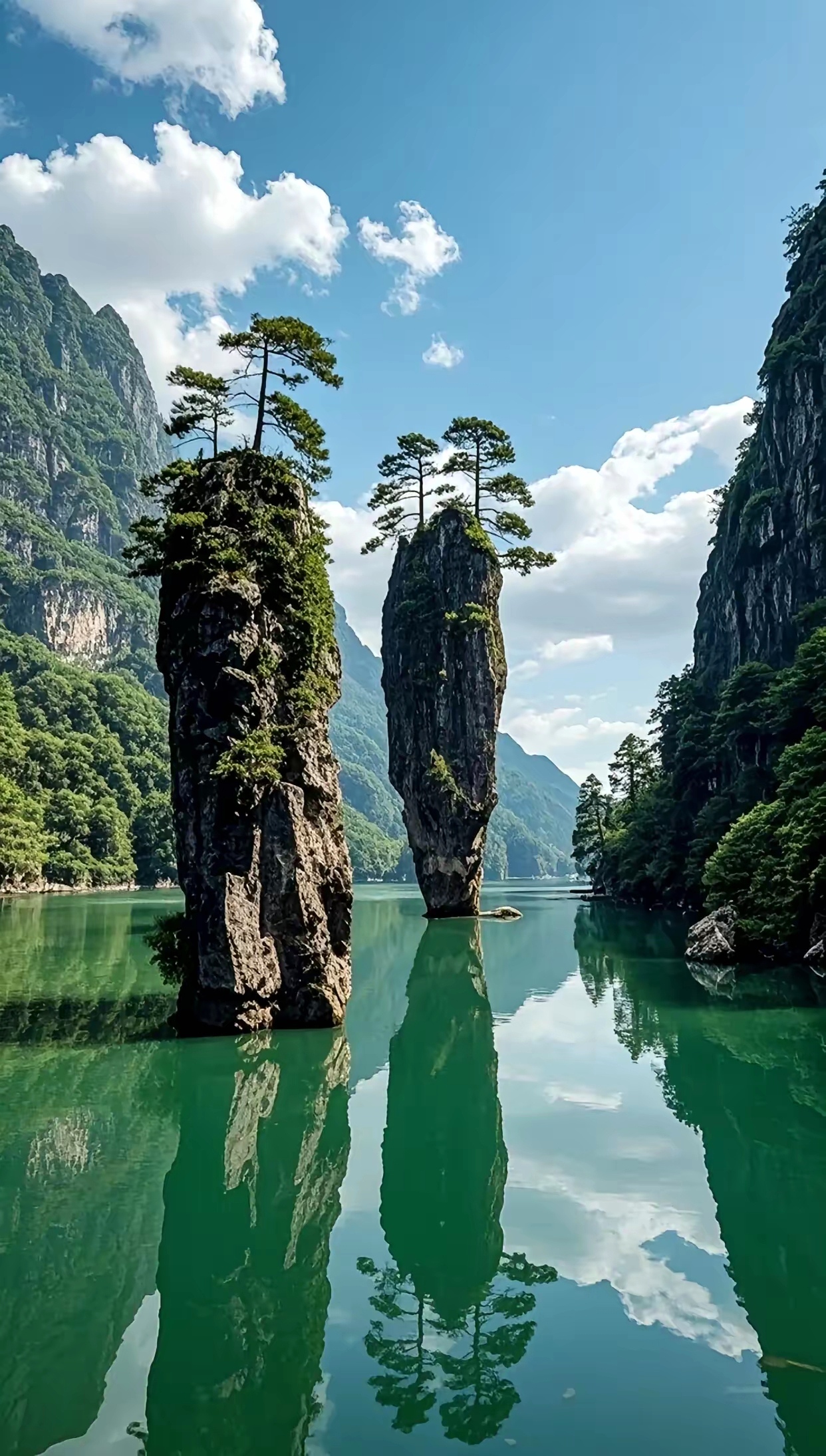 仙境般的自然奇观,碧水青山间,云雾缭绕,宛如人间仙境