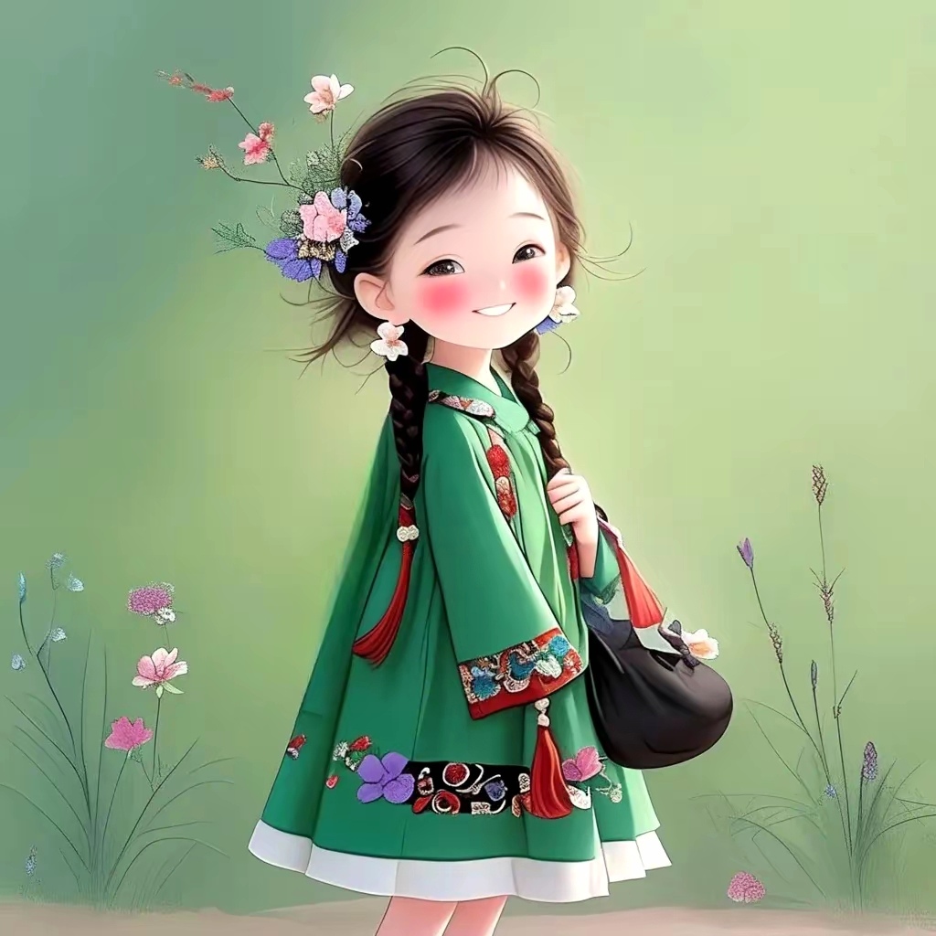 女人图片卡通图片绿颜色图案小丫头图片头像可爱桃树下幸福微笑的美女