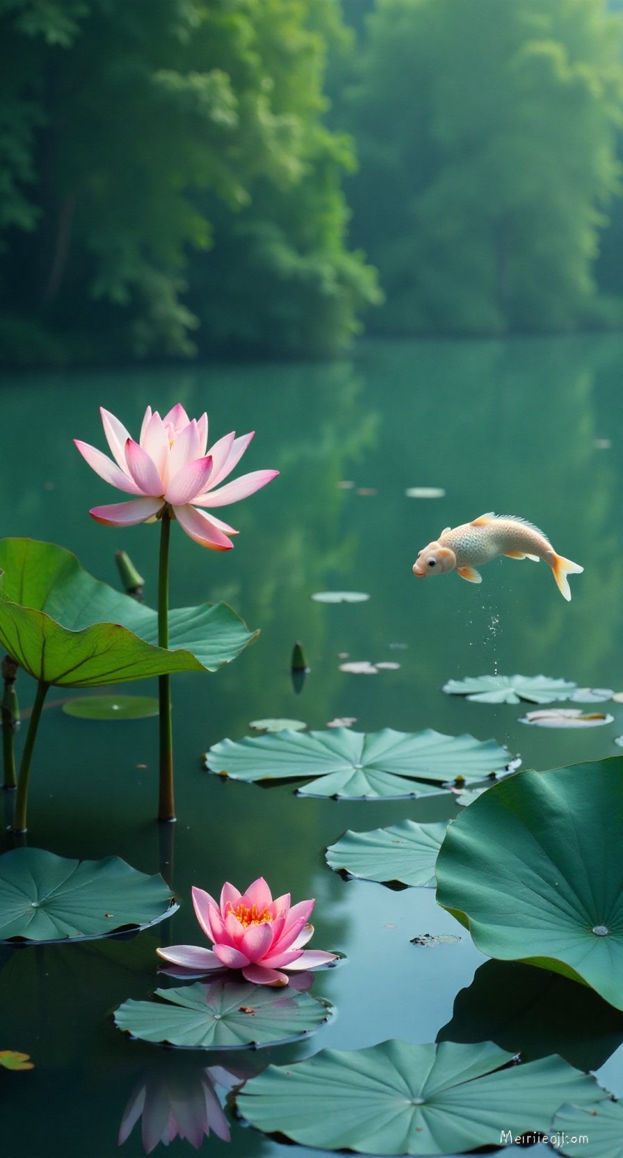 哇,这池塘美得像幅画,鱼儿悠闲自在,莲花娇艳欲滴,感觉整个人都平静