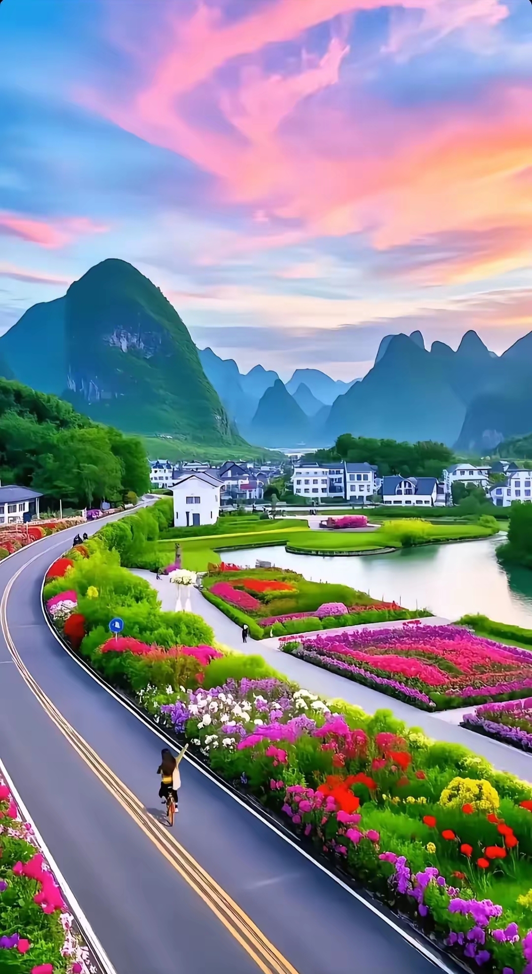 在这幅绝美的风景画中,一条蜿蜒的公路如黑色丝带,向远方延伸