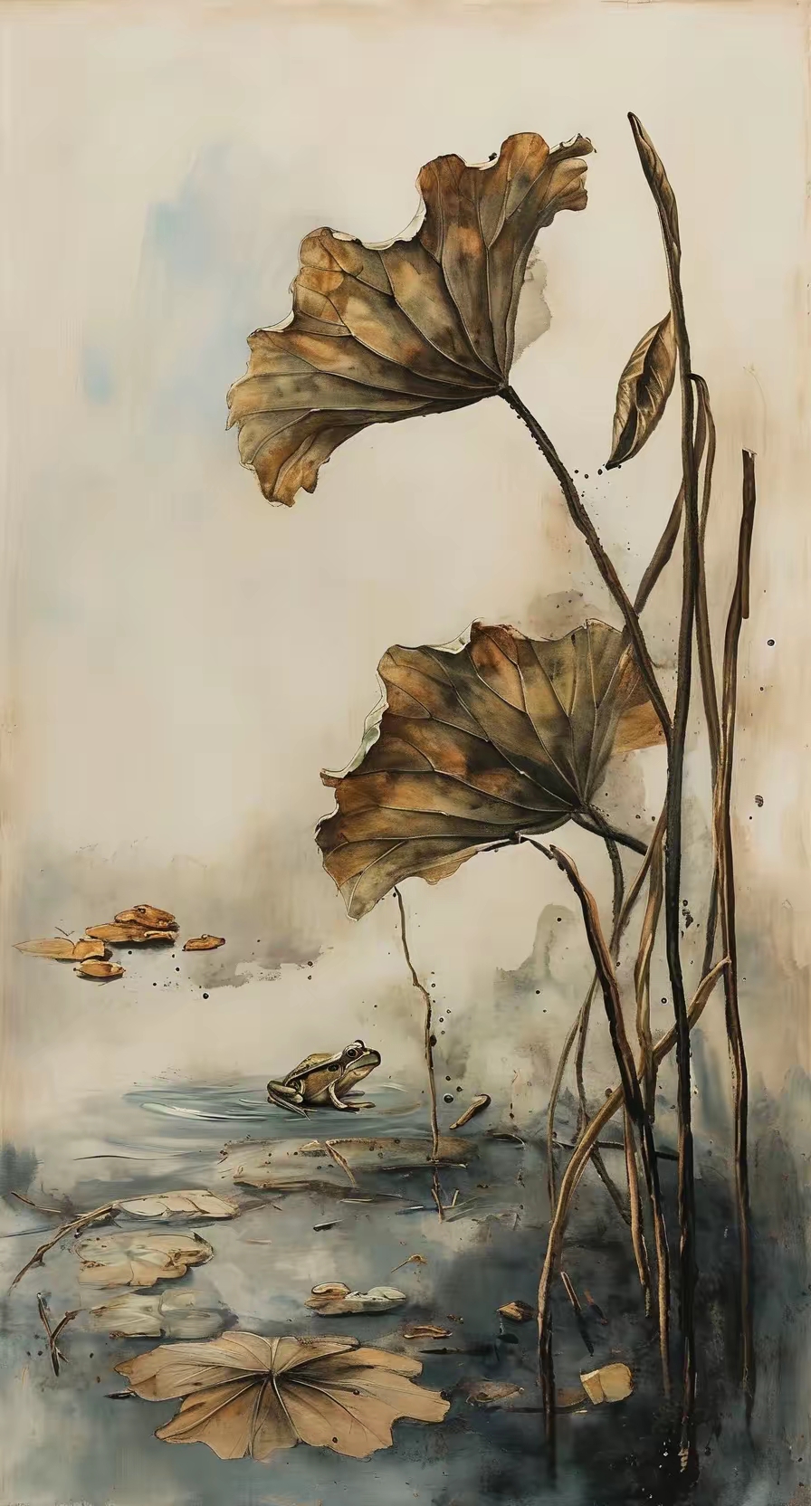 硕大的荷叶,虽已褪去鲜绿,染上岁月斑驳,却依然倔强挺立