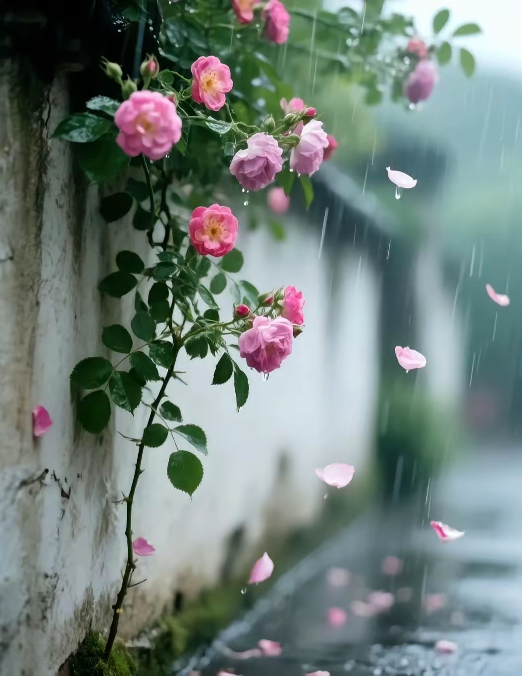 倾盆大雨如注,世界被朦胧水汽笼罩,而那丛蔷薇花,却在