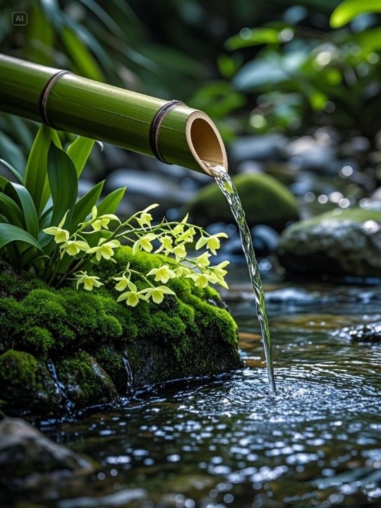 或丛生,花朵明媚亮丽,纤细花瓣竹子细水长流意境图片流水竹子禅意图片