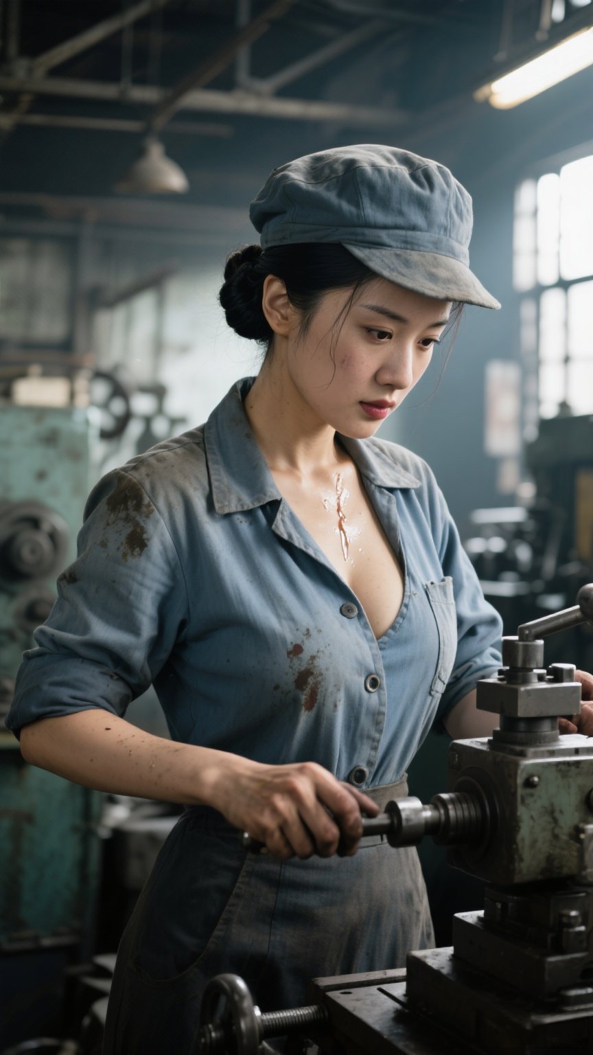 机械女工# 嫂子上班挺辛苦的,汗流浃背,不容易啊