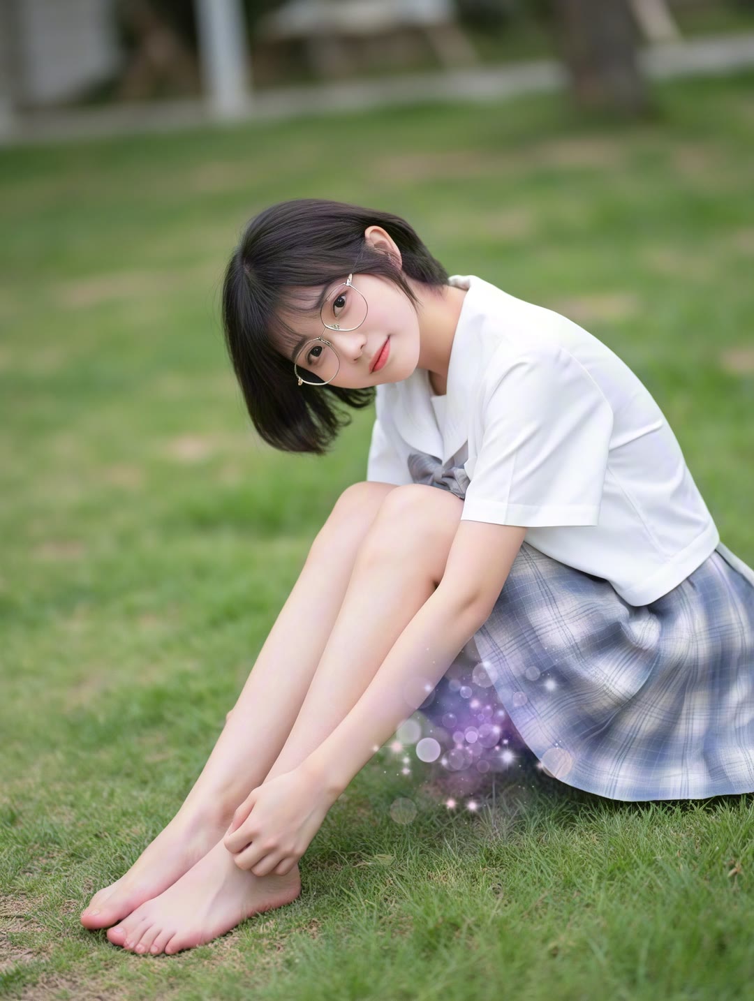 光着个脚丫子,穿着美美的 jk 制服,坐在绿油油的草坪上,晒着暖暖的