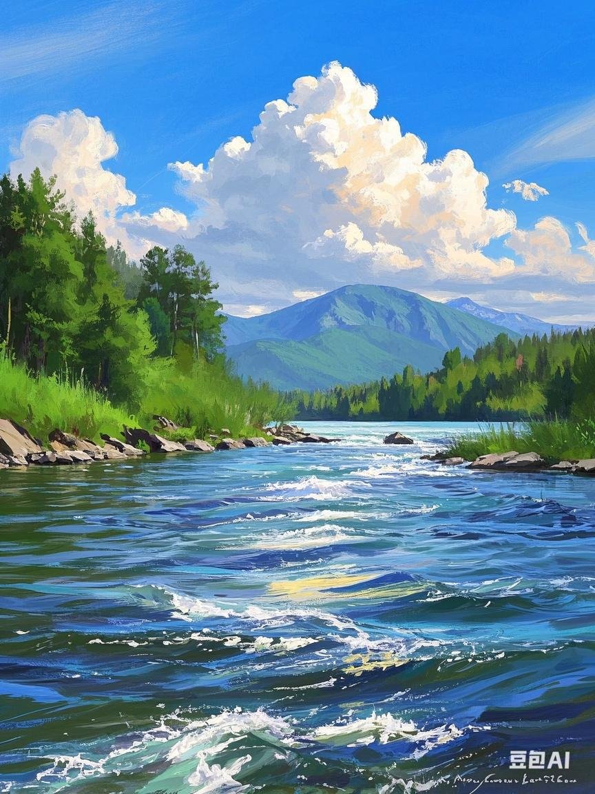 "豆包ai"今天带你看山川湖海,心情如这画中的河流,波光粼粼,畅快淋漓