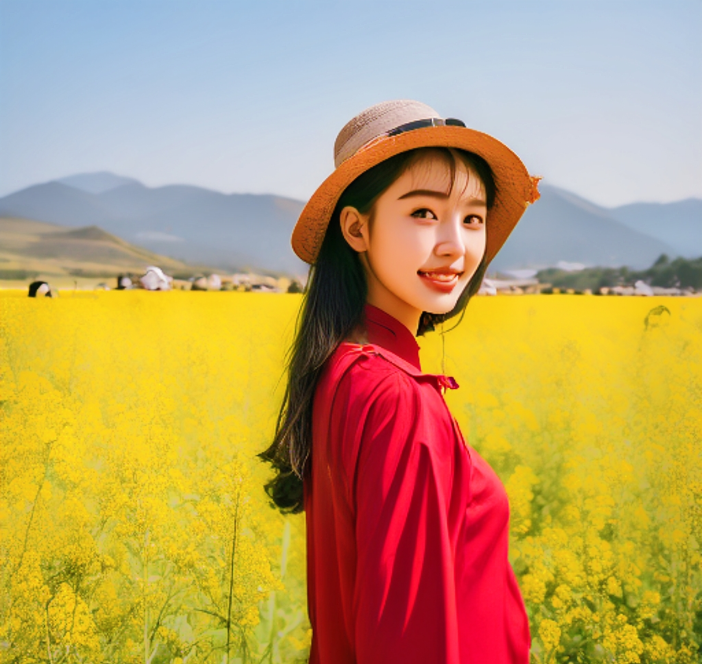 她的发丝随风轻舞,仿佛是大自然的精灵,与这片土地融为一体.