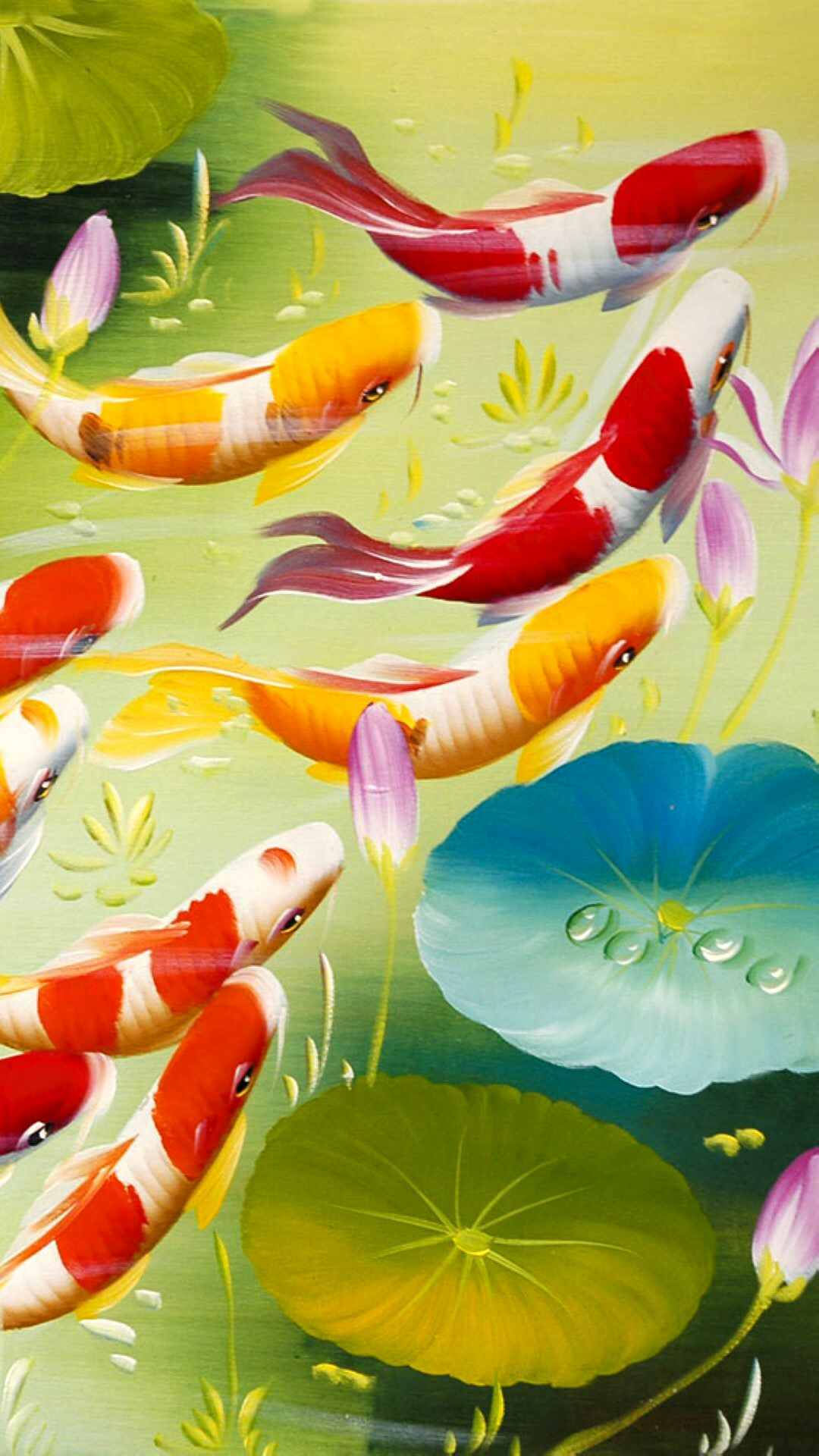 锦鲤跃龙门,一遇风雨就化龙! 红鱼游漾莲池旁, 白瓣红鳍逐浪高.