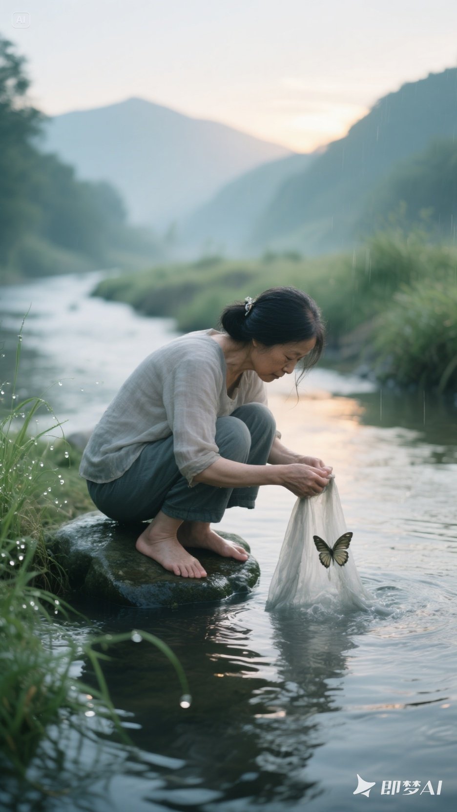 流纱 溪流如一条微带倦意的碧色长带,于晨曦里缓