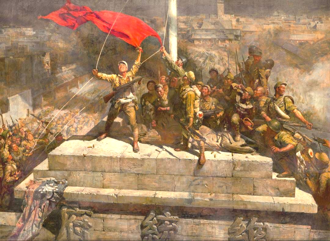 升旗是整幅画的焦点,人物塑造如同石雕钢铸,画面构图呈金字塔式