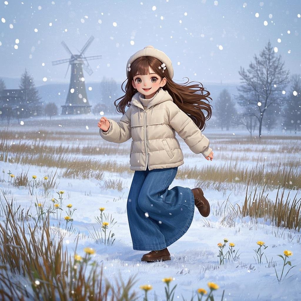雪地里的小女孩奔跑着,身后留下一串脚印,远处风车静静旋转