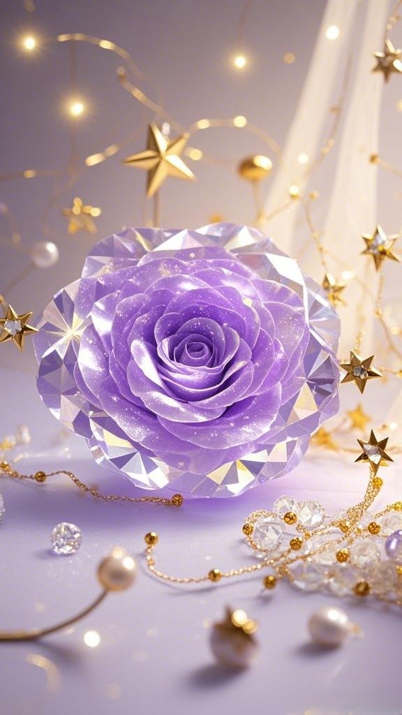 哇,这朵闪耀的紫色玫瑰和金色星星装饰的背景,简直美翻了!#手机壁纸