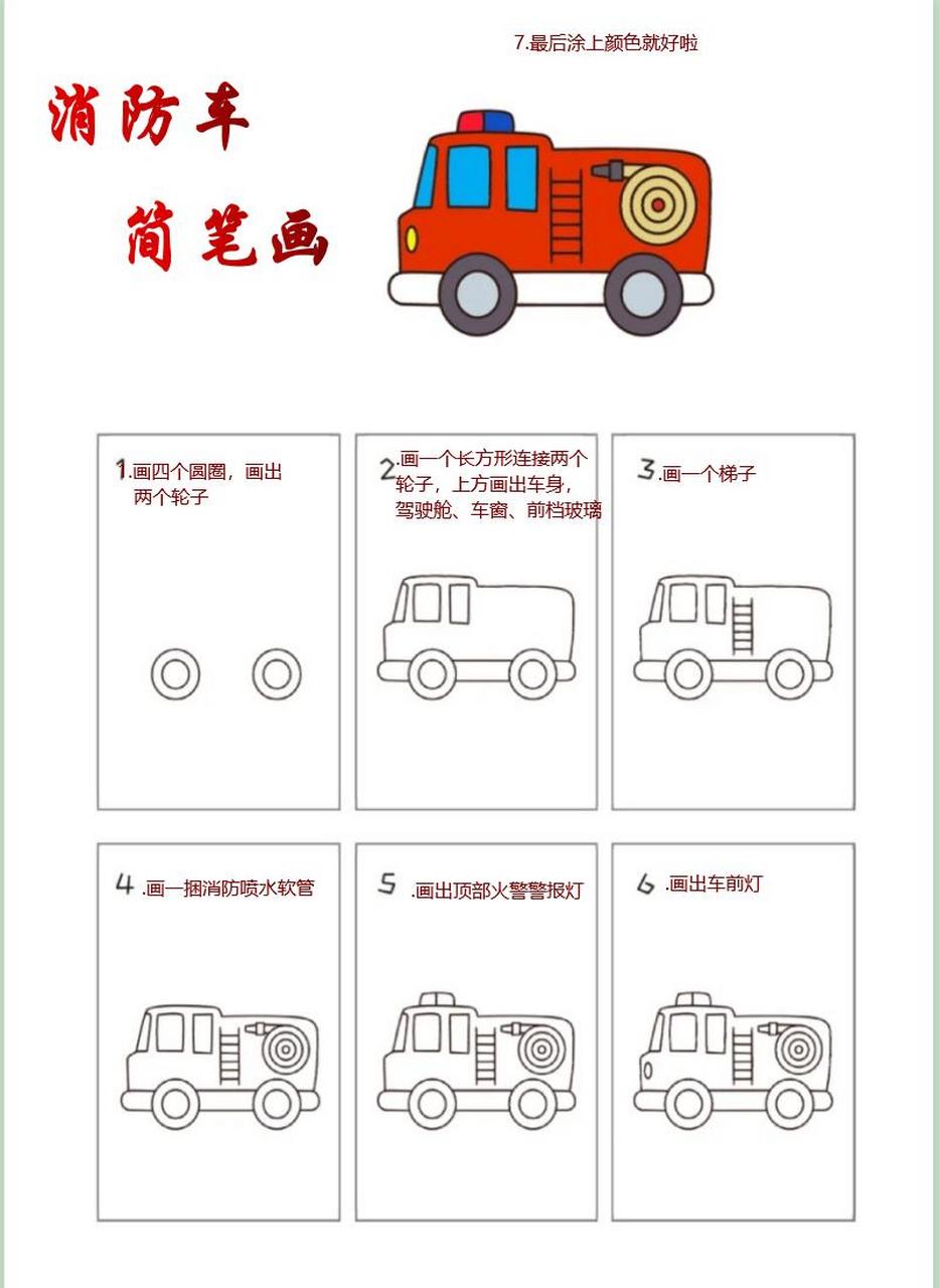 可爱的消防车简笔画来咯,简单又好看  1.画四个圆圈,画出两个轮子 2.