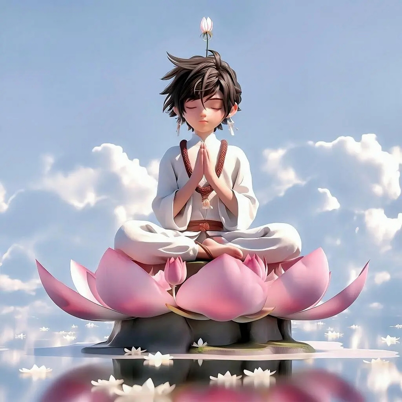 莲心坐禅  他坐在粉红巨莲之上, 白衣灰影,飘然若仙.