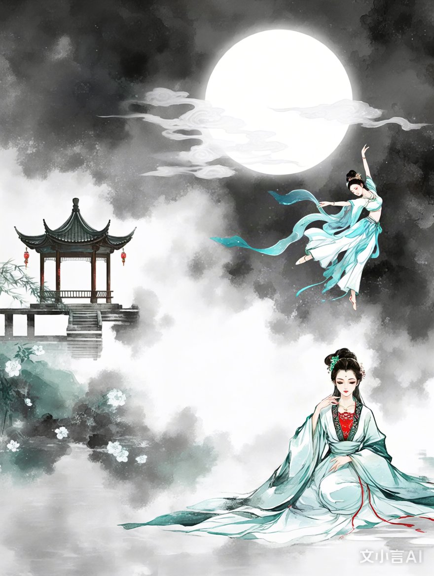 今晚赏月,想起那幅画里也正巧有个姑娘在望月呢