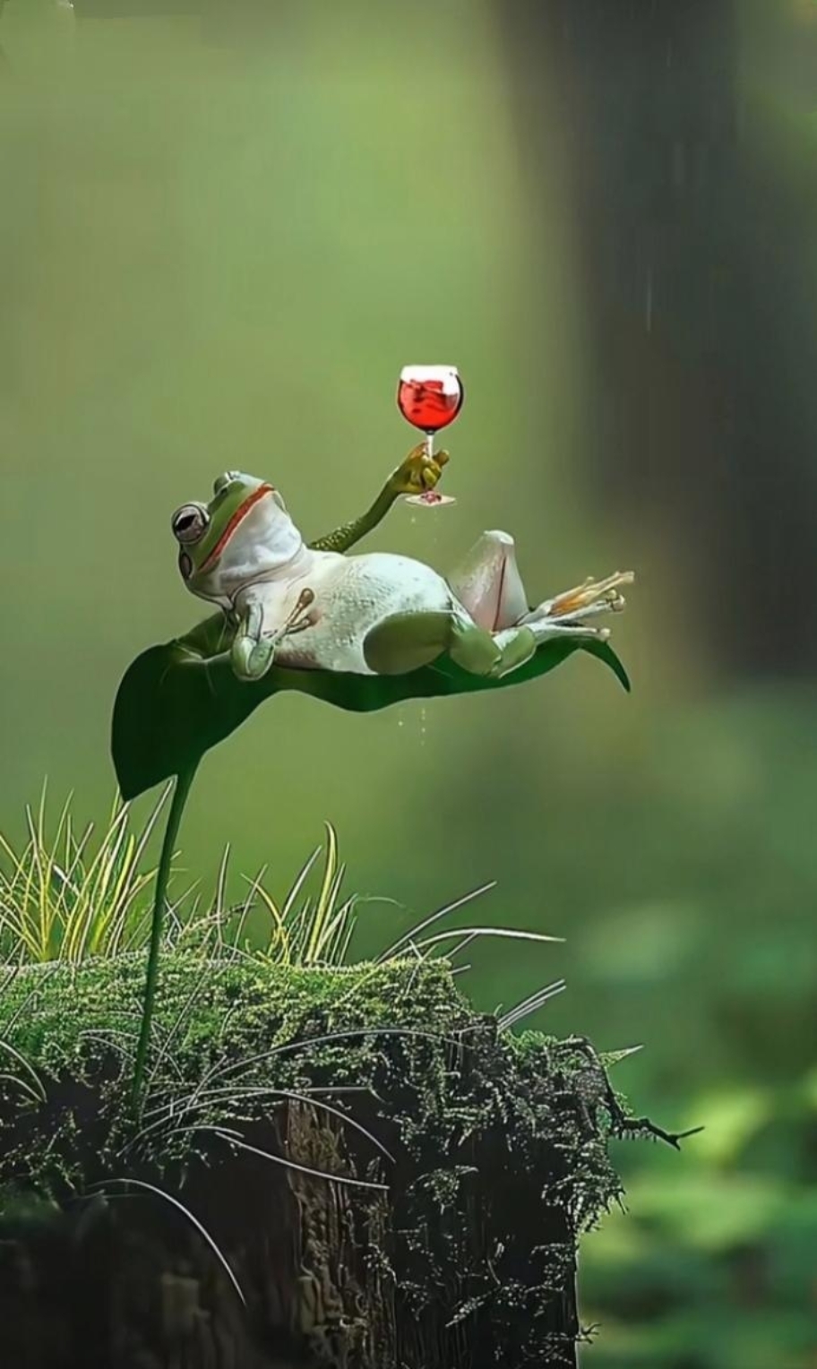 这只小青蛙居然悠闲悠闲地躺在树梢上呢!