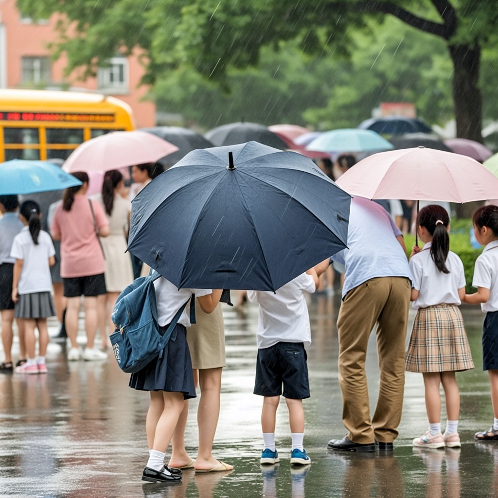 踮脚张望的妈妈把伞檐压得低低的,爸爸的裤脚被积水浸出深色痕迹