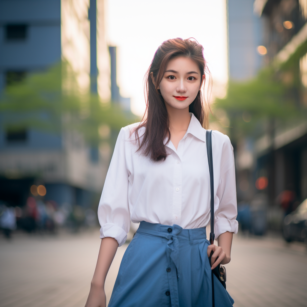 白衬衫与蓝裙的碰撞,是青春的热烈与纯洁,她