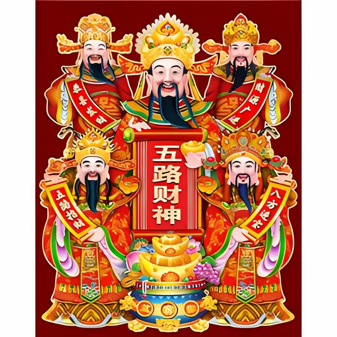 五路财神齐聚首,中间财神最耀眼.