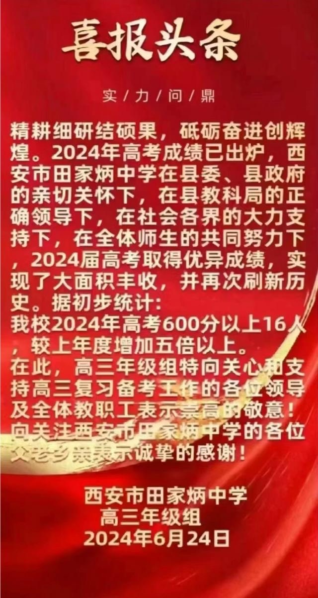 蓝田田家炳中学2024年高考600分以上16人,较上年福增加5倍以上