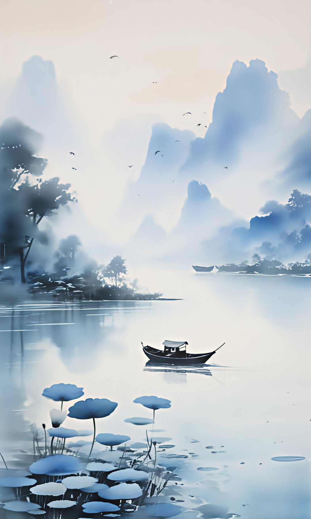 云影悠悠浮远岫,水光潋潋映遥岑. 孤村寂寂炊烟起,古寺幽幽暮鼓沉