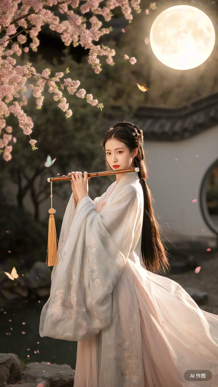 素衣女子立寒秋, 玉笛轻吹韵自悠. 萧声婉转随风起, 古韵悠悠诉别愁