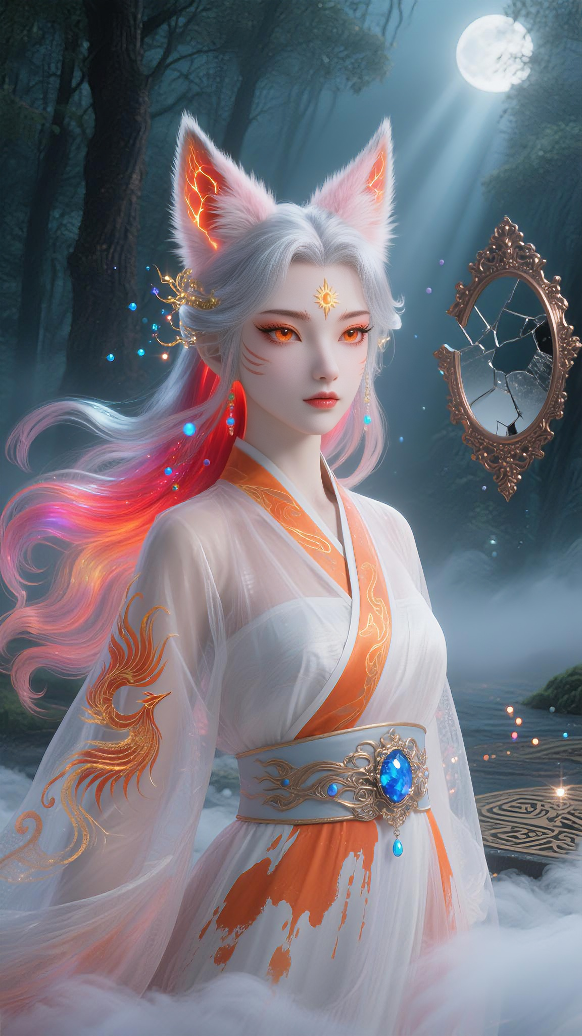 锦衣绣凤祥云绕,幽林迷雾月高悬. 灵耳含光藏妙法,青丝焕彩蕴仙缘