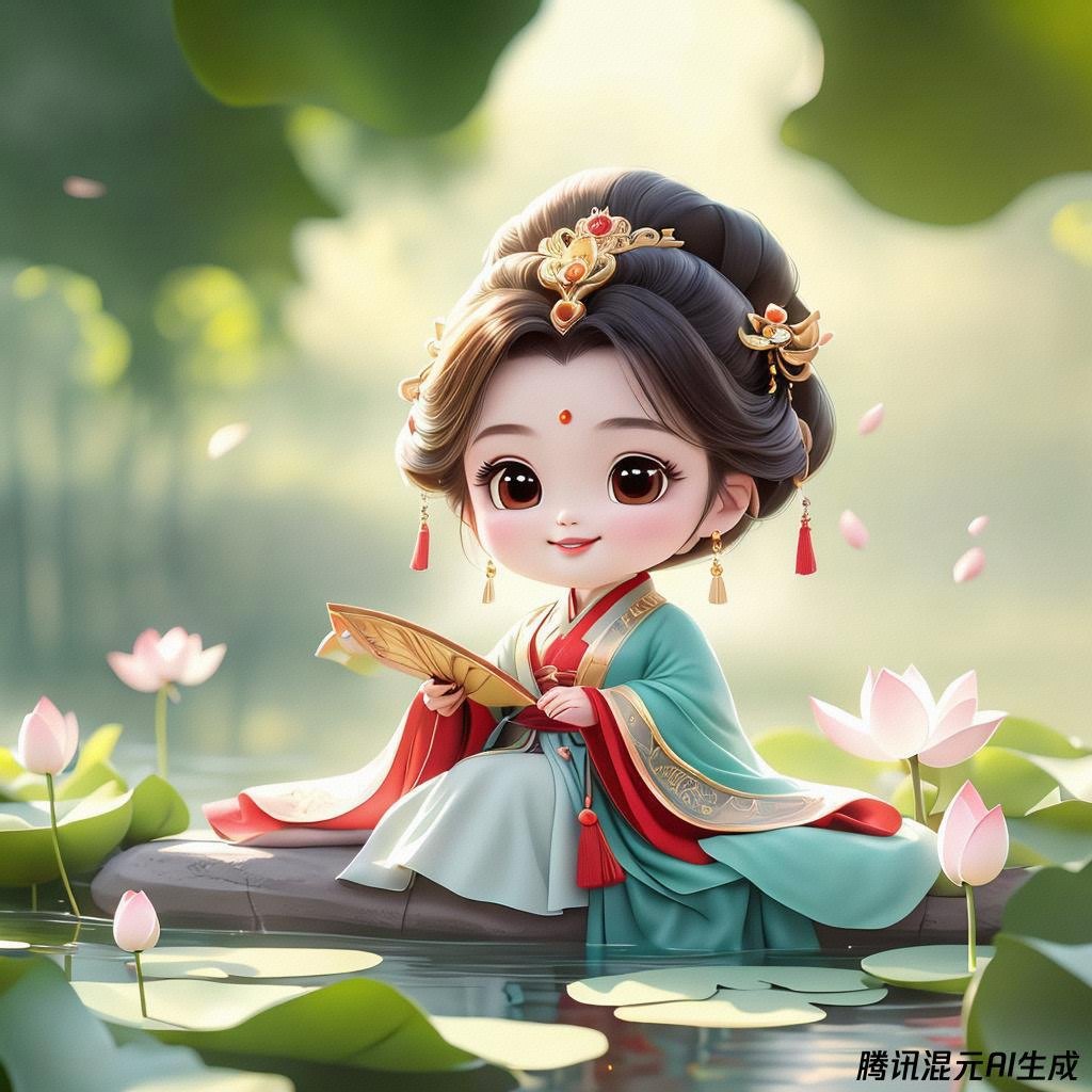 绿水悠悠,古装倩影坐莲台