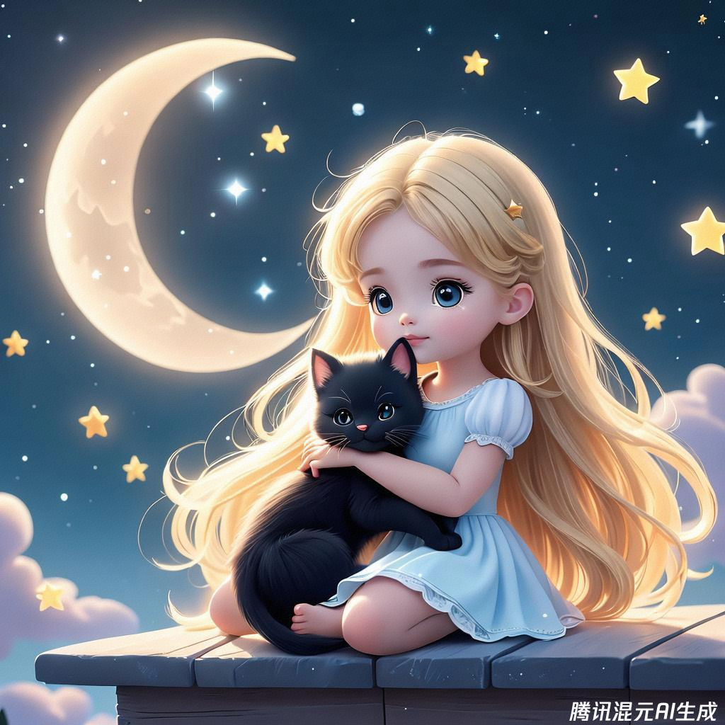 夜晚的童话故事,金发碧眼的小女孩穿着纯洁的白色连衣裙,月光洒在她