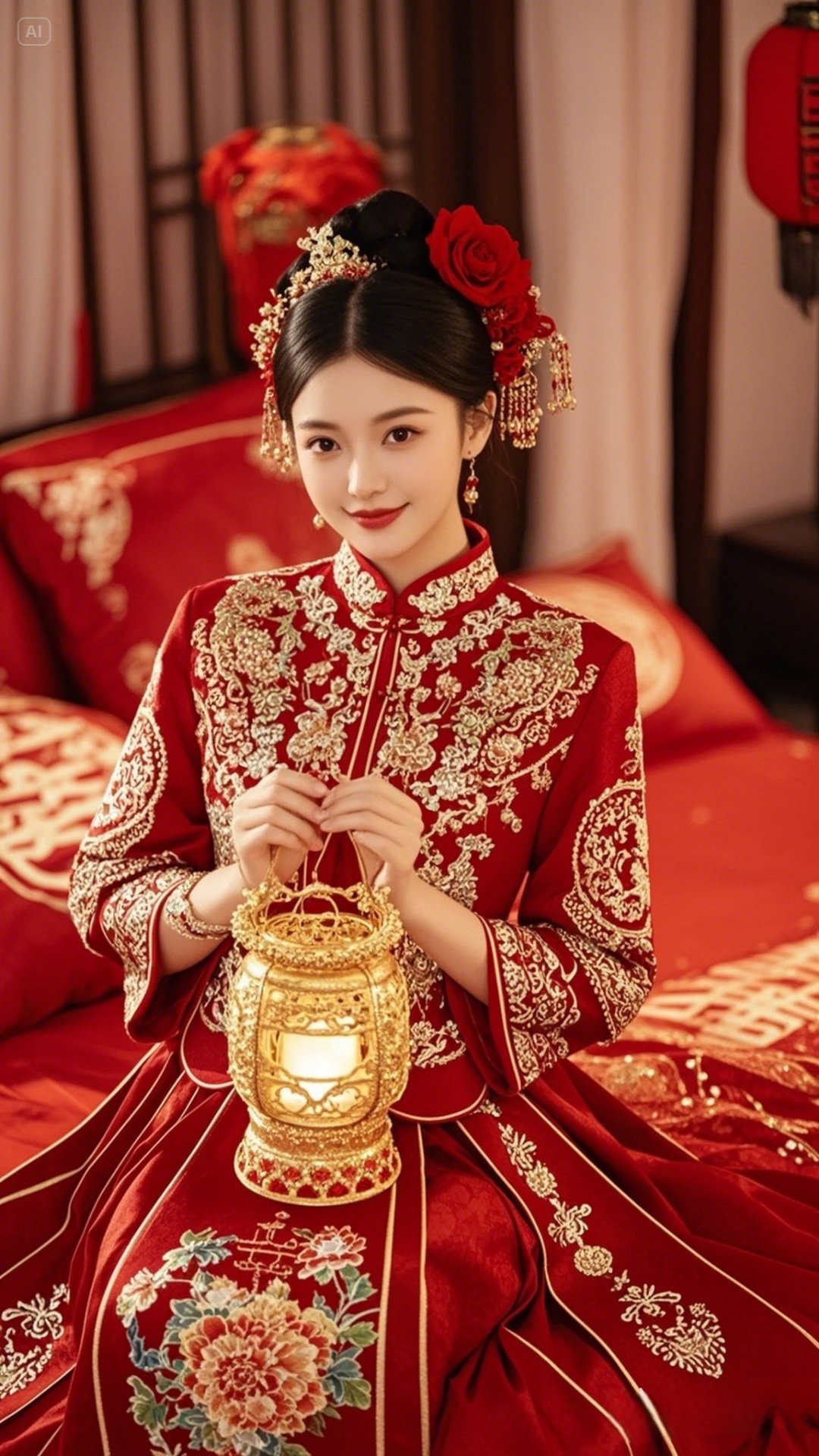 大红色的衣身搭配着精致的金银刺绣,花鸟图案栩栩如生,细节之处尽显