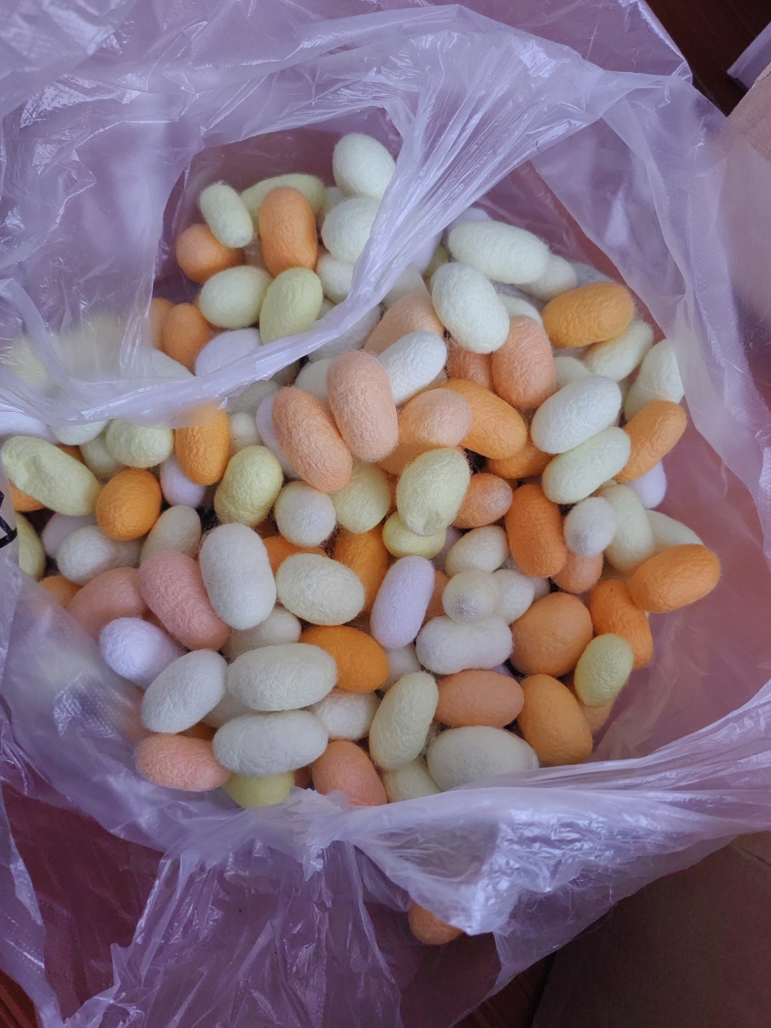 你还别说,彩色蚕茧还怪漂亮的呢!一床被子估计不够,枕头估计够了吧!