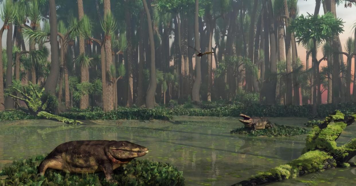 史前森林中,那庞然大物般的两栖动物悠然游弋,场景震撼人心!