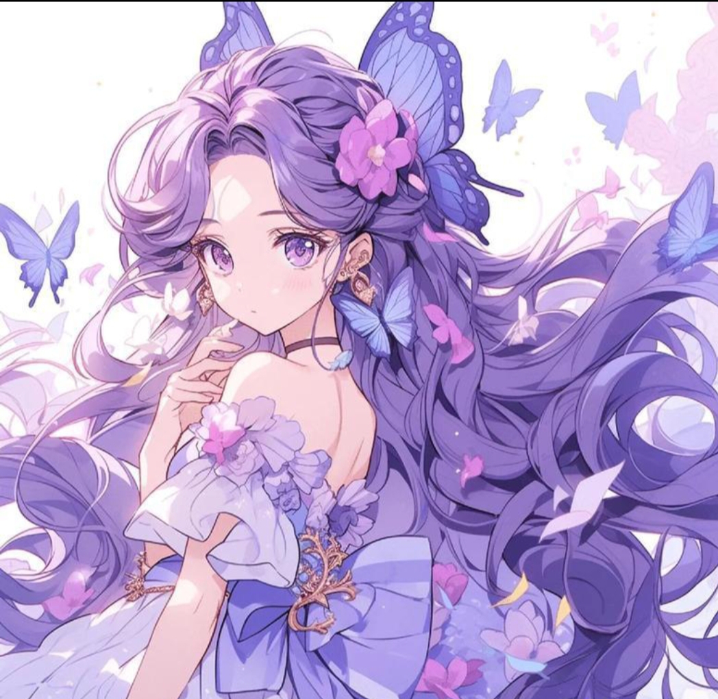 紫发少女,花环点缀,蝴蝶飞舞,梦幻唯美