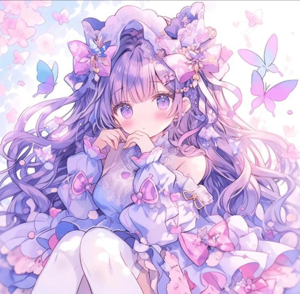 紫发少女,花环点缀,蝴蝶飞舞,梦幻唯美