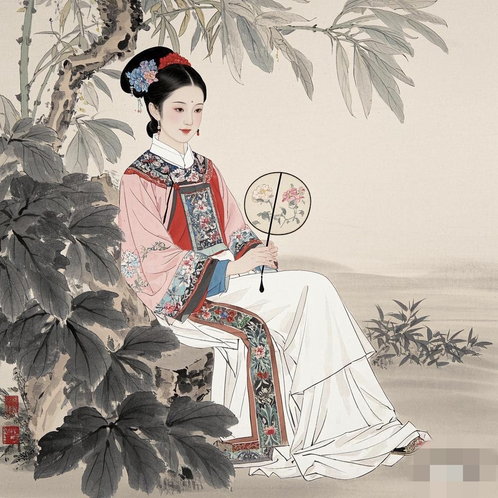 杨玉环坐在树下,手持团扇,轻风徐来,画面生动如画中人.#趣话春节年俗