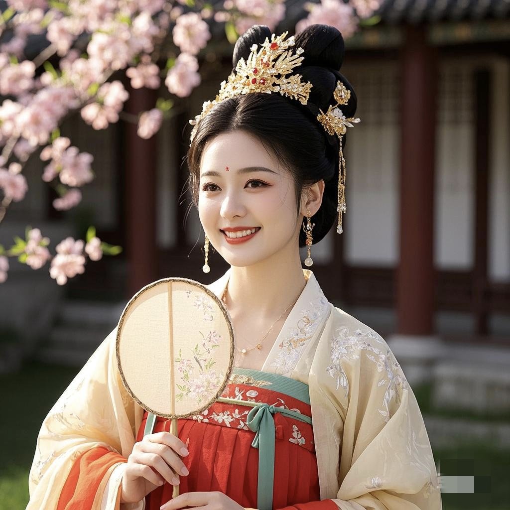 樱花树下,汉服美人手持团扇,巧笑嫣然.#春节连更计划