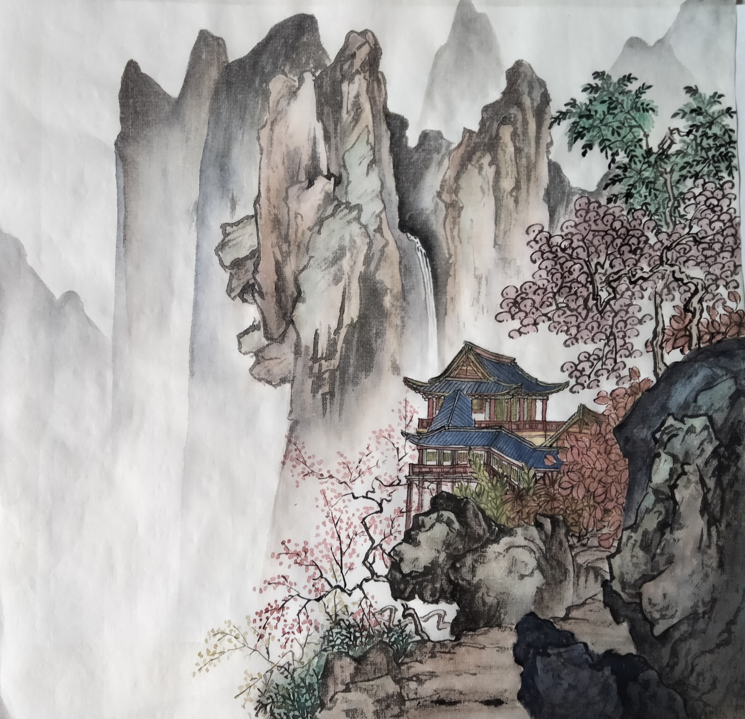 哇,这山景画得真美,仿佛身临其境,小桥流水人家,好一幅宁静的世外桃源