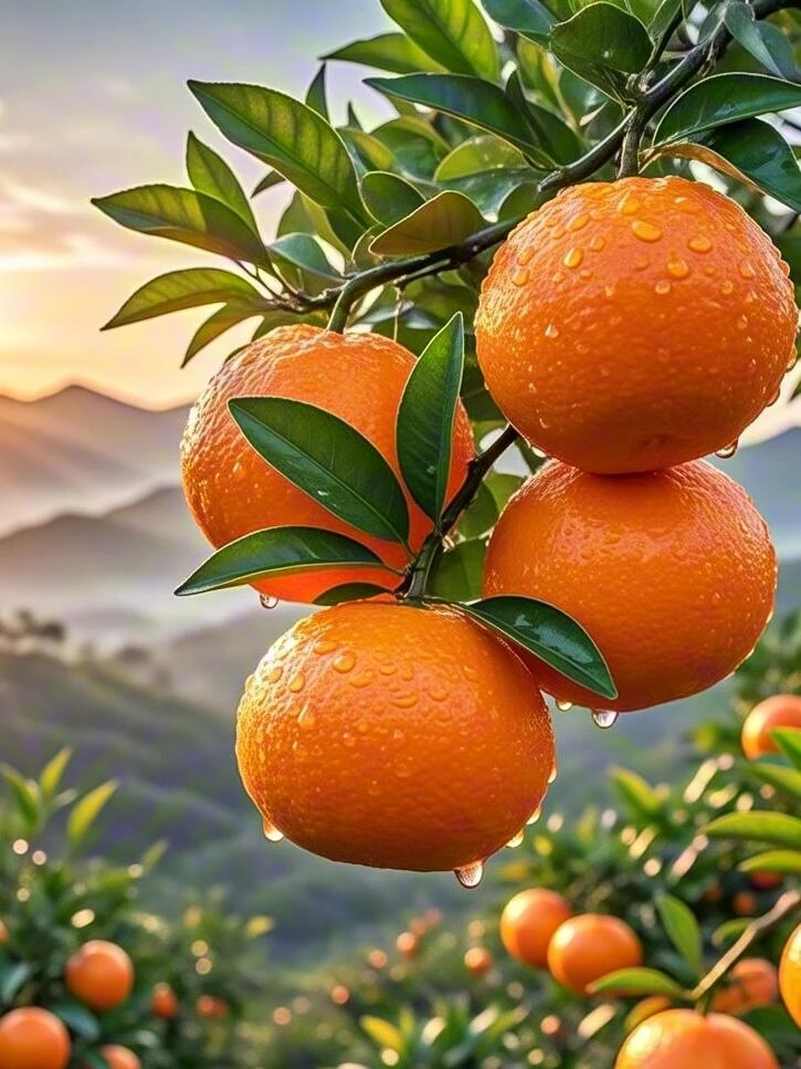 清晨的露珠闪着光,我摘下两个鲜嫩的橙子,它们饱满多汁,散发着清新的