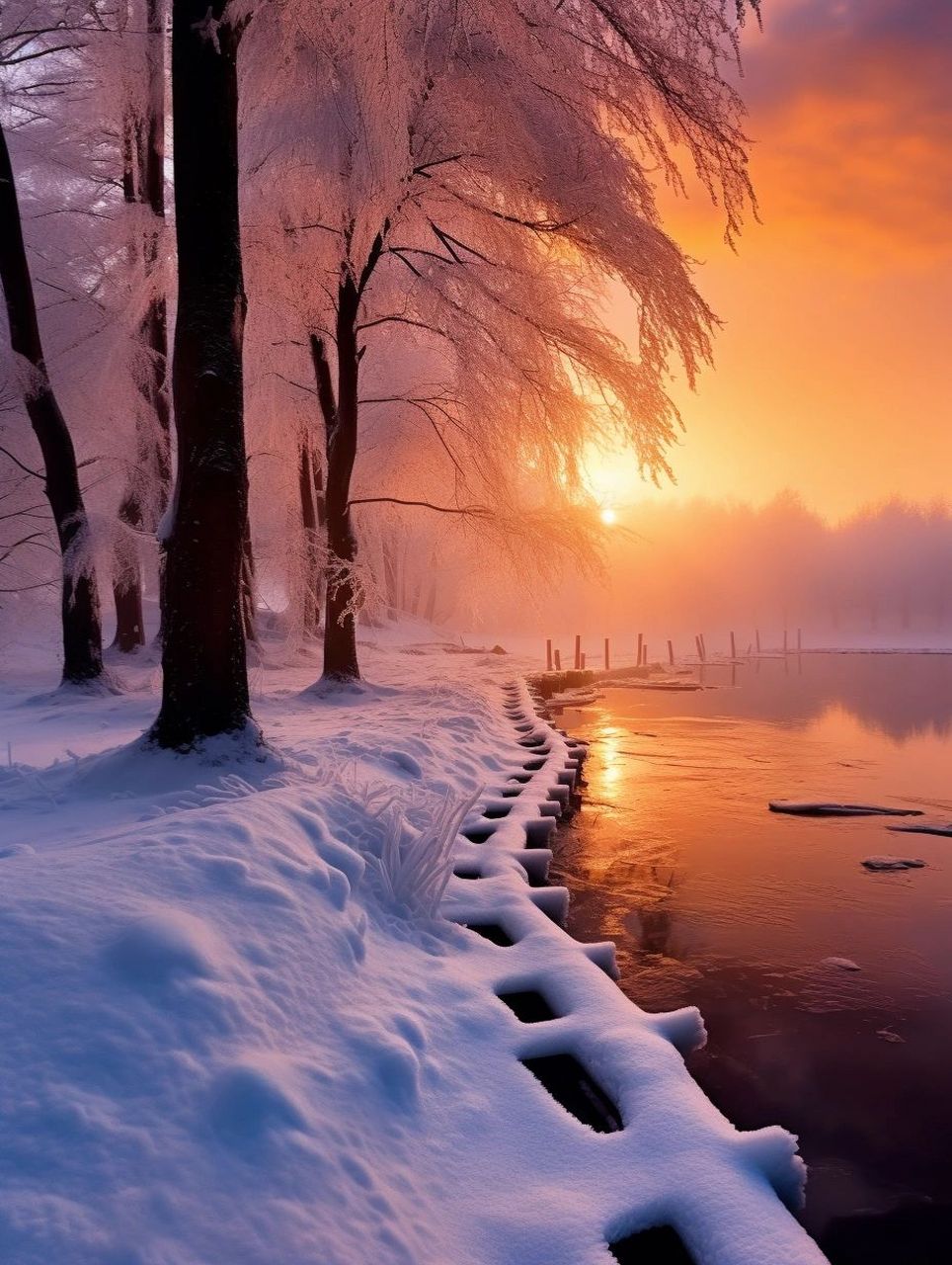 冬日的夕阳, 撒在静谧的雪地上, 犹如大自然的一曲浪漫交响.