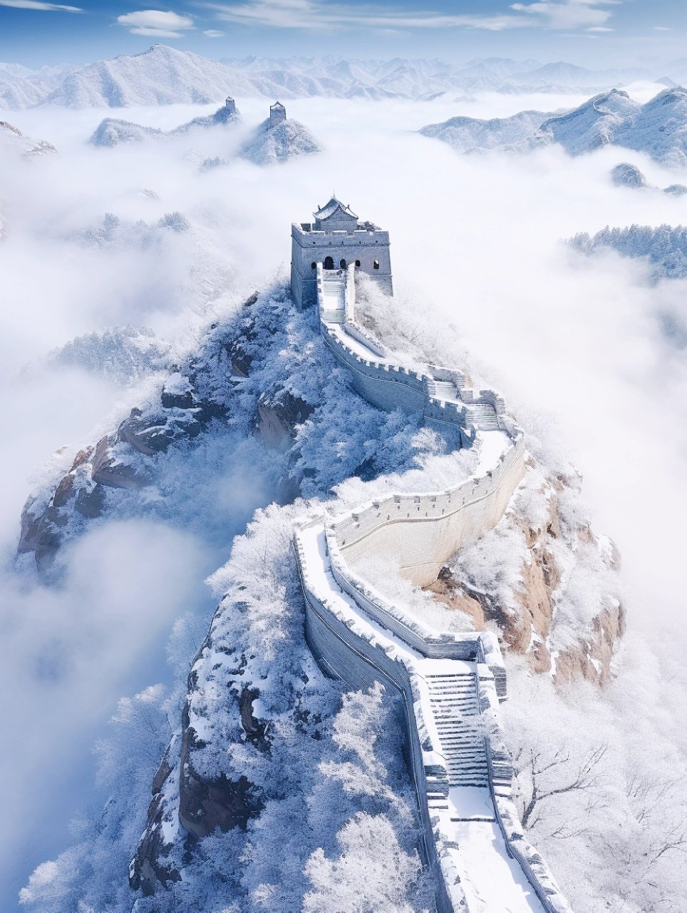 雪后的长城,银装素裹,仿佛一条银色的巨龙蜿蜒在山间.
