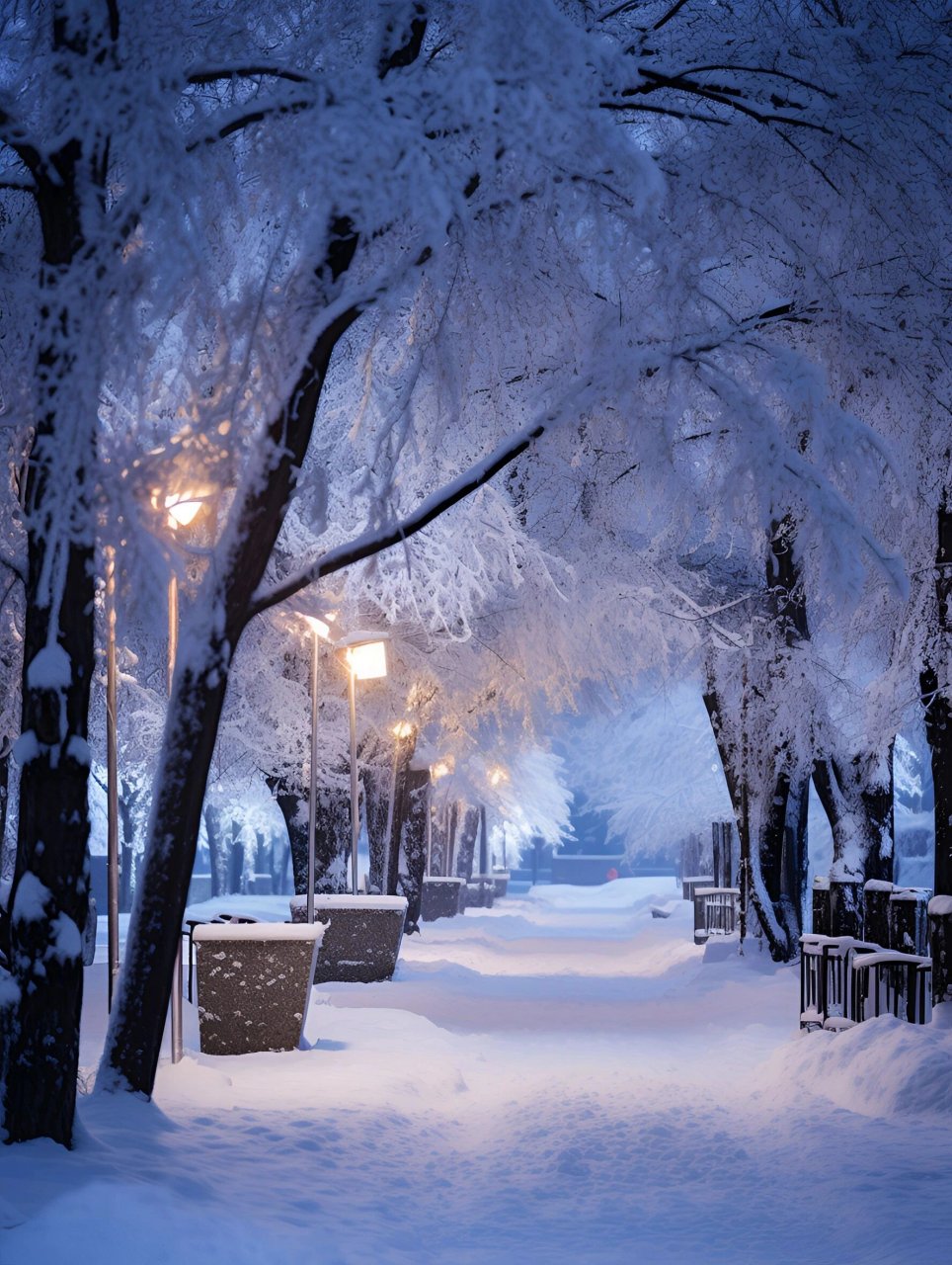 在那个雪夜,路灯散发着温暖的光芒,照亮了整个城市.