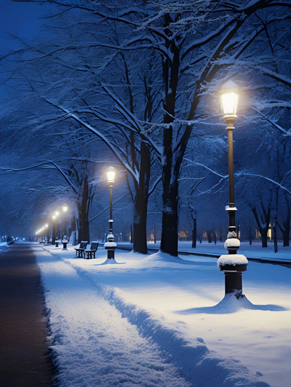 在那个雪夜,路灯散发着温暖的光芒,照亮了整个城市.