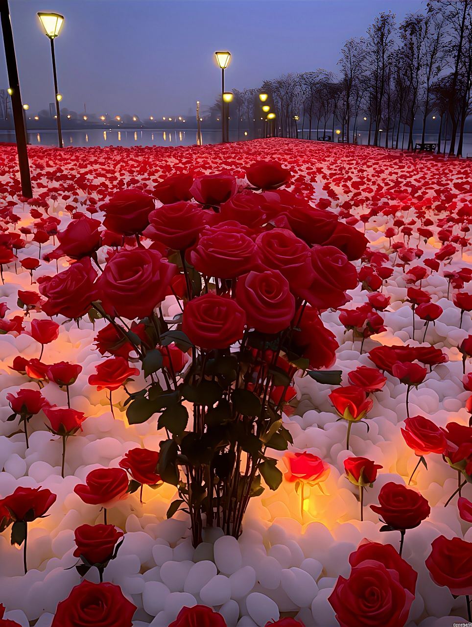 雪地中,玫瑰田绽放着绚丽的色彩,宛如一幅美丽的画卷